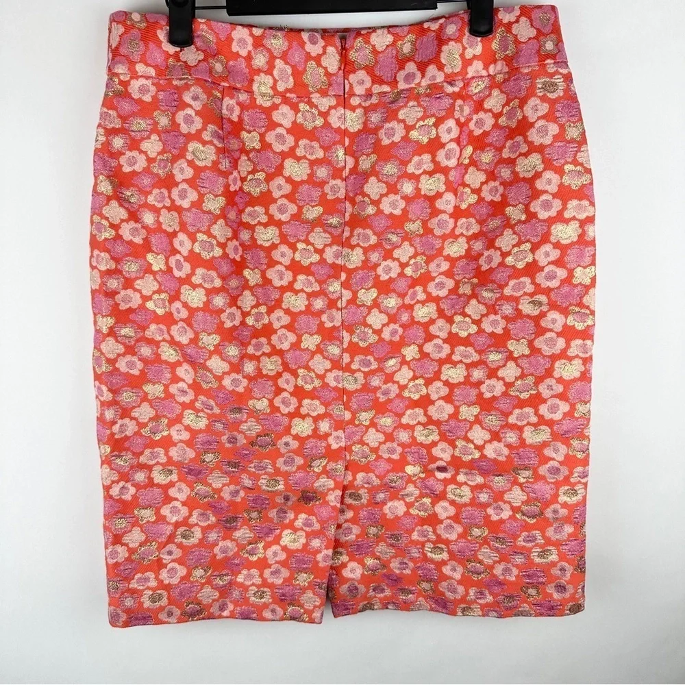 J. Crew Floral Pink and Orange Metallic Pencil Skirt | US Size 10
